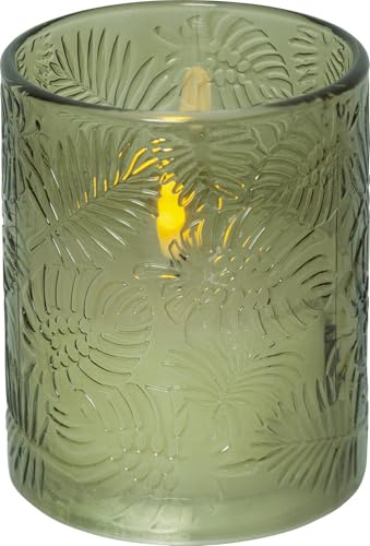 Star Trading Leaf LED Kerze mit Timer - Echtwachs im Glas - 10x12,5 cm | Dekokerze mit Blattmuster und Flackerlicht, batteriebetrieben, warmweißes Licht, automatische 6h Timerfunktion.