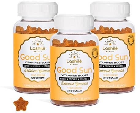 Lashilé Beauty - Good Sun - Autobronzant, Préparateur & Teint Hâlé - Compléments Alimentaires Végan - Efficacité Prouvée - Made in France - Vitamine E & A, Bêta-carotène - Cure 3 mois (180 Gummies)