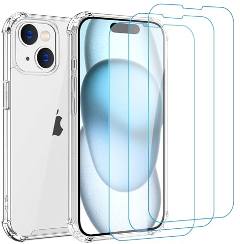 Whioltl Compatible con iPhone 15 Funda, 3 Pack Protector de Pantalla iPhone 15 Cristal Templado, Transparente TPU Silicona Funda con Cristal Vidrio Templado y Carcasa,Case Cover