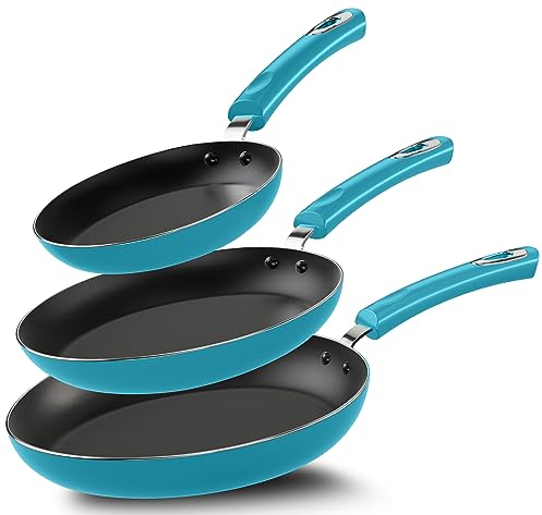 KICHLY Induction Hob Pan Sets Non Stick, 3 Pcs Fryingpans, Professional Chefs Kitchen Cookware, 20cm, 24cm, and 28cm (Turquoise, 1 Pack of 3)
