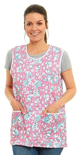 Ladies Floral Buttons Through Design Piping Tabard Apron Overalls Front Pockets Stylish Tabards for Women Casual Aprons for Women to Use in Home Kitchen Restaurants Coffee Shops UK Made (Pink, L)