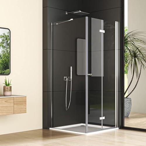 Duschkabine Falttür mit Seitenwand 80x80cm Eckeinstieg Duschabtrennung, Silber Drehfalttür mit festem Seitenteil, beide Seiten faltbar Duschwand mit 6mm ESG Glas, Höhe 185cm