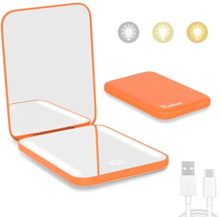 Kintion Miroir de Poche Rechargeable Double Face Grossissant x1/3x - Compact Avec 3 Lumières de Couleur à Intensité Variable - Portefeuille Portable Pour Voyage