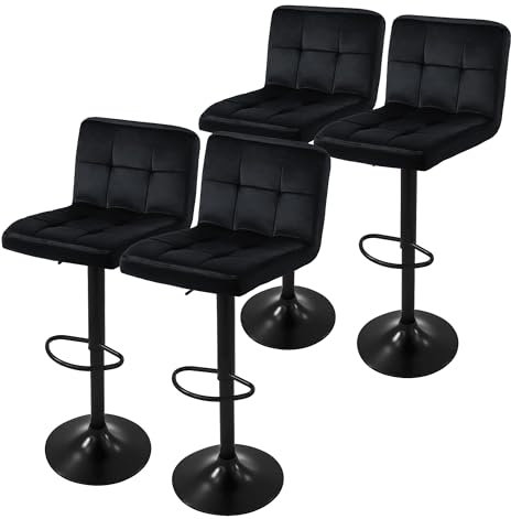 ML-Design Lot de 4 Tabourets de Bar en Velours, Noir, Chaise Rembourrée avec Dossier et Repose-Pieds, Réglable en Hauteur 63-83cm, Pivotante à 360°, Tabouret de Comptoir, Cuisine, Pub, Bar de Maison