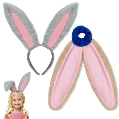 Hifot 2PCS Graue Hasenohren Haarreif + Braune Hasenohren Haargummi, Flauschige Hasenohren Halloween Haarreif Karneval Ostern Haar Accessoires, Hasen Kostüm-Zubehör für Kinder und Erwachsene Cosplay
