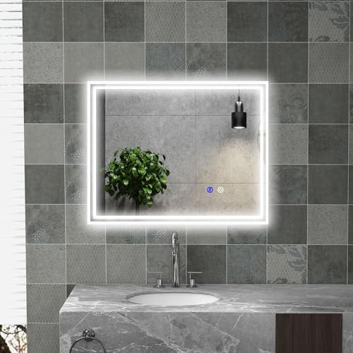 kleankin Badspiegel mit LED-Licht, Rechteckiger Wandspiegel mit Entfog und Touch-Bedienung, 3-Temperatur-Licht und Anti-Beschlag, 90x70cm