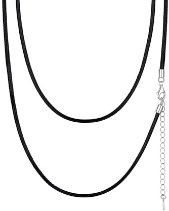 PROSILVER Collier Cuir Noir avec Fermoir Argent 925 pour Femme Homme, Chaîne Cordon Fine de 1mm/2mm, Longueur-41cm/46cm/51cm/55cm/61cm/66cm/71cm
