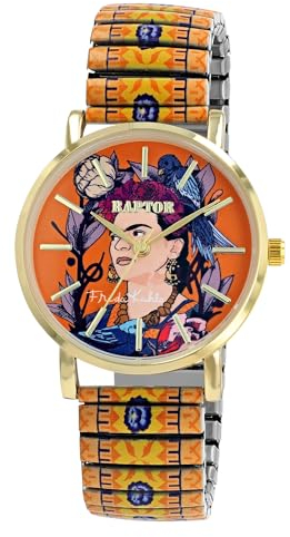 Raptor Damenarmbanduhr Frida Kahlo Edition mit Zugband (Mehrfarbig - Orange mit blauen Musterelementen)