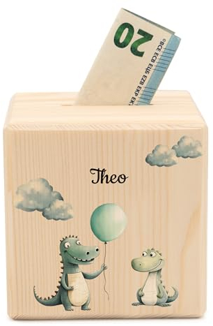 Geschenkfreude Spardose personalisiert mit Namen aus Holz - 10x10cm Holzspardose mit Schloss - UV-Druck Spardosen mit Namen - Taufgeschenke für Junge/Mädchen - Geschenk zur Geburt - Krokodil