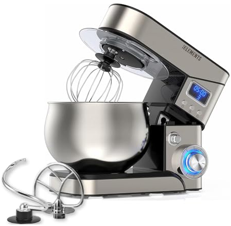 KB-ELEMENTS - Robot de cocina (2000 W, amasadora con cuenco de 5 L, robot de cocina de acero inoxidable, 6 velocidades, gancho amasador, batidor, protector contra salpicaduras, batidora, batidora