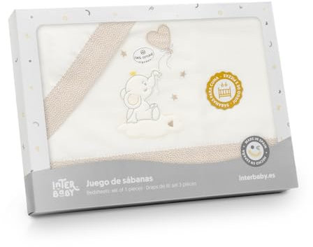 Danielstore Juego de Sábanas Bebe Minicuna Sabanas Algodón Minicuna 50X80 - (Bajera+encimera+Funda Almohada) Fabricado en España Algodón 100% (Elefante Globo Beige)