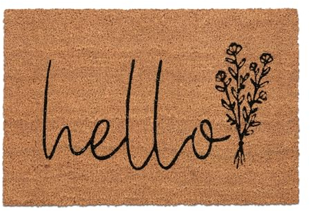 Relaxdays Fußmatte Kokos, Hello-Schriftzug, 60x40 cm, Blumen-Motiv, innen & außen, rutschfeste Türmatte, Natur/schwarz