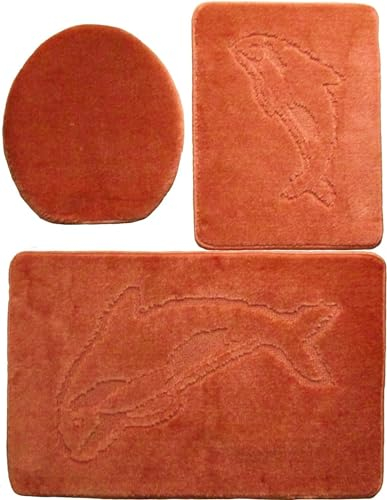 Ilkadim Export 3-teiliges Badset Gökyildiz Delphin einfarbig, Badteppich 55x85cm, WC-Vorleger rechteckig für Hänge-WC (terrakotta)