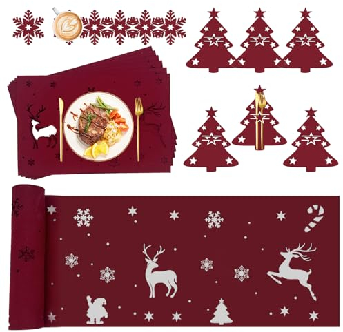 Sottopiatti Natalizi Rossi Set Con Runner Tavolo 150x40cm, 6 Sottobicchieri Natale, 6 Tovagliette Lavabili, 6 Borsa Per Bosate, Tovaglietta Natalizie Feltro Decor Della Tavola MatrimoniFesta