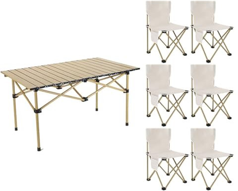 SJKJNK Juego de mesa de camping plegable con 6 sillas, uso en interiores y exteriores, para barbacoa, picnic, jardín, fiestas, juego en diseño plegable y portátil, color beige