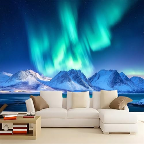 Tapete Muster Tapeten Natürliches Polarlicht, Berge Wasserdicht DIY Wohnzimmer Blau, Grün Wandtapete, Vliestapete Wasserdicht Renovierung Wohnzimmer für Schlafzimmer Küche 250 x 175 cm