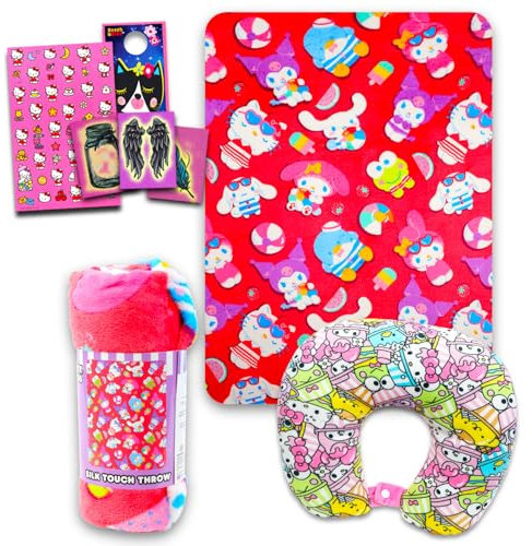 SANRIO Hello Kitty - Set di cuscino cervicale e coperta da viaggio Hello Kitty Boba, coperta in pile Hello Kitty, adesivi, altro ancora | Accessori da viaggio Hello Kitty