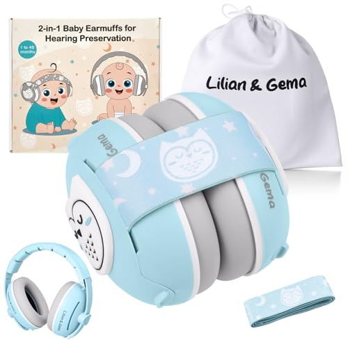 Lilian&Gema Gehörschutz Baby - 2 in 1 Baby Kopfhörer Lärmschutz 25dB Kinder Ohrenschützer Lärm Verstellbares Kopfband Kopfhörer Babys Lärmschutz für Babys bis 48 Monate Hörschutz Kinder Blau Eulen