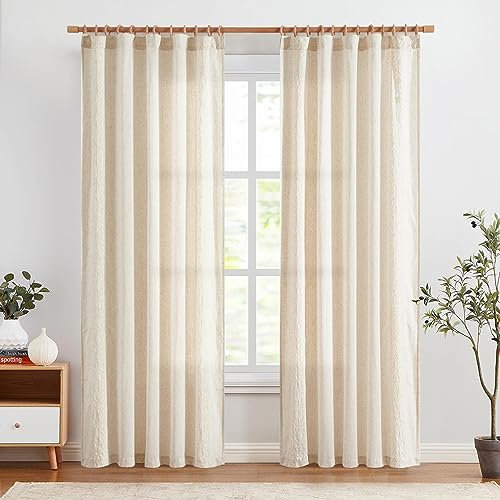 Vangao Leinen Gardinen Vorhänge Stickerei, Vorhang Wohnzimmer Gardine mit Verdeckten Schlaufen Küche Vorhang Boho Vintage Blumen Bauernhaus Schlafzimmer Lichtfilterung 2er Set Beige 140B x 225H(cm)