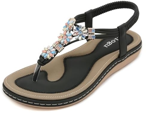 FOGOIN Sandales Femme Plage Tong Bohème Chaussures Plate Été,42 EU,Noir