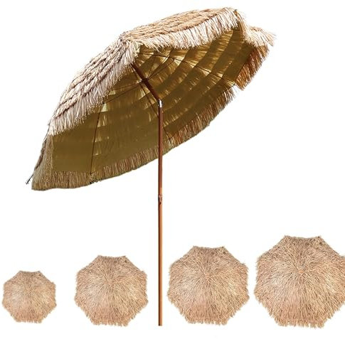 WATAOW Strandschirm Gartenschirm Neigbar, Tropischer Strohschirm Im Hawaiianischen Stil, Sonnenschirm Balkon 45° Knickbar,geeignet Für Terrasse, Pool, Café,Markt(2.4m/7.8ft)