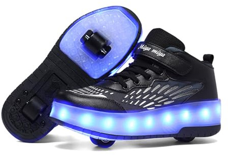 FANSU Schuhe mit 2 Rollen Jungen Mädchen Größe 30-40, LED Leuchtend 2 in 1 Kinder Rollschuhe Rollen Abnehmbar Skateboardschuhe Einziehbar Outdoor Sportschuhe, Graffiti (Schwarz,30)