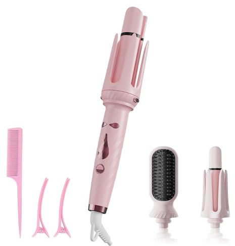 Rizador de Pelo Automático 3 en 1 Rosa - Recubrimiento de Cerámica Hielo, Calentamiento Rápido 30s, 5 Temperaturas (160°C-200°C), Apagado Automático 40min, Alerta Sonora, color rosa
