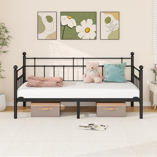HOMERECOMMEND Metal Single Daybed Frame 3ft Sofa Bed Frame,Black | 90x190 cm Bed Steel Slats Platform Base Box Spring Children Bed Sofa Living Room Guest Room
