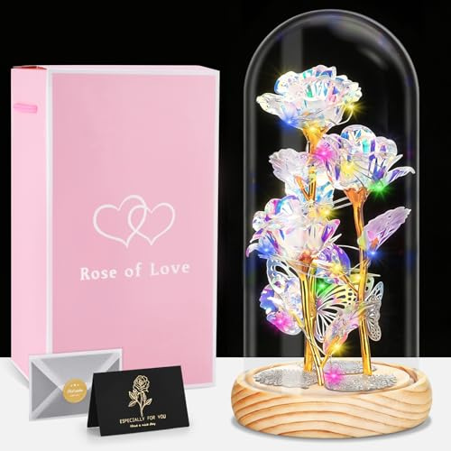 IGUGI Rose Eternelle sous Cloche,Rose Eternelle Cadeau pour Femmes,Rose dans Un Verre,Saint Valentin Rose Galaxie de Lumineuses pour Elle,Fête des Mères,Noël et Un Anniversaire (Couleur)