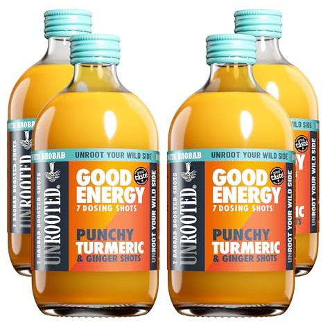 UNROOTED Punchy Turmeric, Ginger & Baobab Shots - Immunity & Energy 4x420ml | Turmeric & Ginger Shots in 7X Daily Dosing Bottles. High in Vitamin C, Caffeine-Free Energy, Supports Anti-Inflammation.
