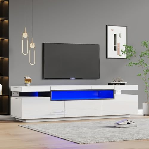 EURHCIO Meuble TV Blanc 160x39x42cm,Meuble Tele Brillant avec éclairage LED Réglable,3 Tiroirs,pour Téléviseurs D'environ 70 Pouces (C)