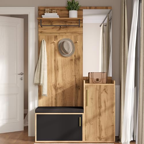 FammyLoft Flurgarderoben Set mit Spiegel, Garderobenset mit Haken, Garderobenschrank mit Schuhschrank und Sitzbank für Flur, Kompaktgarderobe, Natur und Schwarz