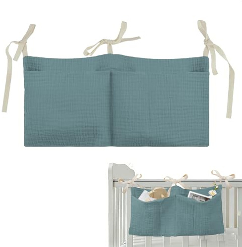 Aufbewahrungstasche für Bett,Babybett Organizer Hängend,Baby Kinderzimmer Organizer mit 2 Tasche,Weich und Atmungsaktiv zum Aufhängen für Windeln Kleidung Spielzeug Bett Organizer Kinderbett,Blau