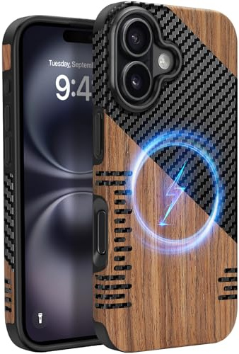 ZZDZZ Magnetisch Hülle für iPhone 16 Hülle 6,1 (Twill Holz) | ZZDZZ Hülle [Kompatibel mit MagSafe] Holz und Carbon Leder Design Handyhülle Stoßfest Schutzhülle