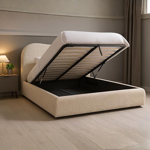 J&S BEDS Double Ottoman Bed Teddy Boucle 4FT6 Gas Lift Storage, Boucle Ottoman Bed Double 101cm Curved Headboard Double Bed Frame With Storage (Ivory)