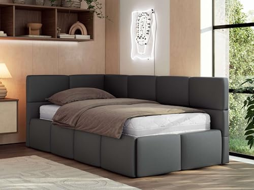 MKS MEBLE Jugendbett ARVO 90x200 cm mit Lattenrost und Bettkasten, Polsterbett mit gepolstertem Kopfteil und Gasdruckfedern, Eckbett mit Stauraum - mit Pocket-Matratze - Grau Kunstleder - Linke Seite