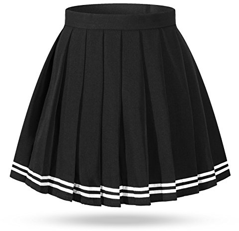 Women Girls Plaid Pleated Skirts Halloween Cosplay Costumes Plus Size Short Mini School Uniform, Black With White Stripe, 14