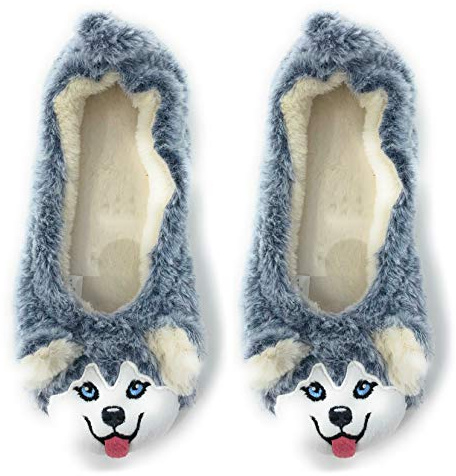 JYinstyle Women’s Travel Animail Plush Foldable Ballerina Slippers, Trip Funny Novelty Fuzzy Slippers, Husky