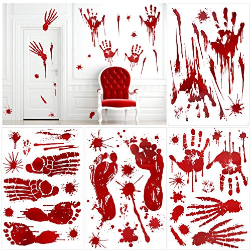 HOWAF Halloween Deko Fensterbilder, 80+ Halloween Blutige Aufkleber Halloween Fensteraufkleber Halloween Deko Tür Bloody Handprints Fußabdrücke Halloween Deko Fenster Sticker für Halloween Fensterdeko