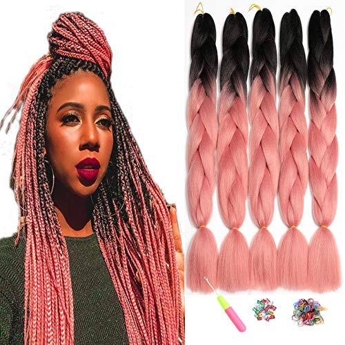 ShowJarlly Jumbo Treccia Capelli, Capelli Treccine Africane Extensions 5 Pezzi, 24 Pollice Sintetici Intrecciare I Capelli Estensioni Per Crochet Torsione Estensiones(Nero/Rosa)