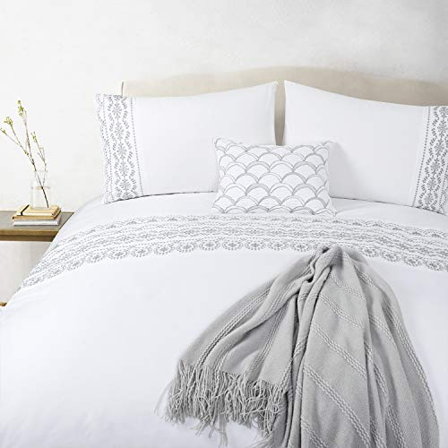 Kingsize Duvet Cover Sets White Bedding Grey Eyelet Embroidered Geometric | Cotton Duvet Cover Sets Textured Luxury Quilt Cover with 2 Pillow Cases for King Bed 230x220 cm 3 Pieces Duvet Set