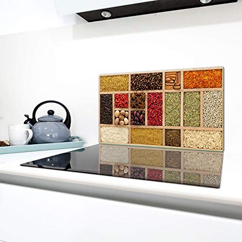 QTA - Copri piano cottura 90 x 52 cm copertura per piano cottura in vetroceramica 1 pezzo universale a induzione per piastre di cottura paraspruzzi tagliere in vetro temprato come decorazione Spezie