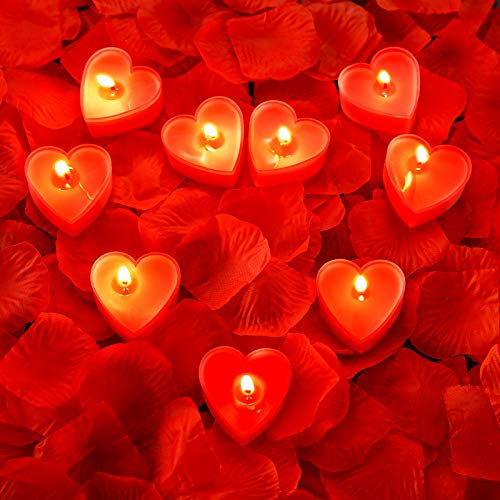 BBTO 9 Packungen Herz Kerzen Romantische Kerzen Teelicht Kerzen mit 200 Stück Seide Rose Blütenblätter Mädchen Streuen Blütenblätter für Hochzeit Valentinstag Tisch Kernstück Kuchen Dekor