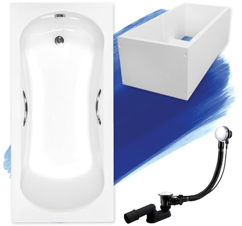 BADLAND Badewanne Original Weiß Acryl Wanne Rechteck ARIA PLUS 150x70 KOMPLETTSET SET mit Premium Wannenträger + Füßen und Exklusive Chrom Automatik Ablaufgarnitur Made in EU 4in1
