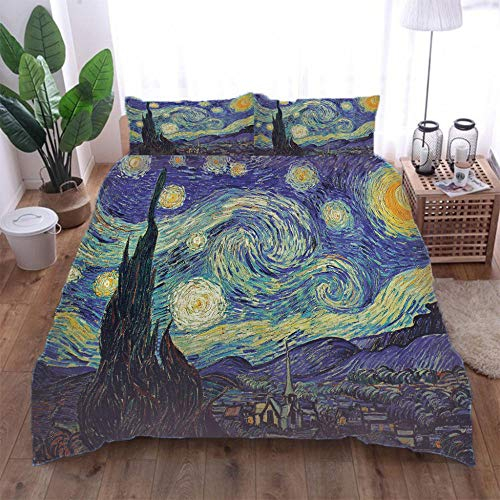 Bettwäsche Bettbezug Set 3 Teilig 155X220Cm Mit Reißveschluss Inklusive 2 Kissenbezug Weich Atmungsaktiv Polyester 3D Print Van Gogh-Fantasy Sternenhimmel Bettwäsche Für Erwachsene Und Jugendliche