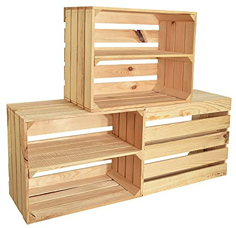 CHICCIE 3 Set Holzkiste Noa Natur 50x40x30 - 1x langes Regal Obstkiste Weinkisten
