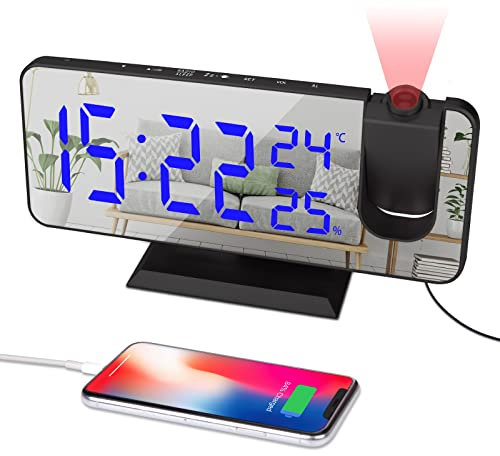 EVILTO Alarm Clock Projector Ceiling FM Radio Clock With Snooze Fonction Doule Alarm 7.3 LED Mirror Screen 12/24H Adjustable Brightness Clock Bedroom