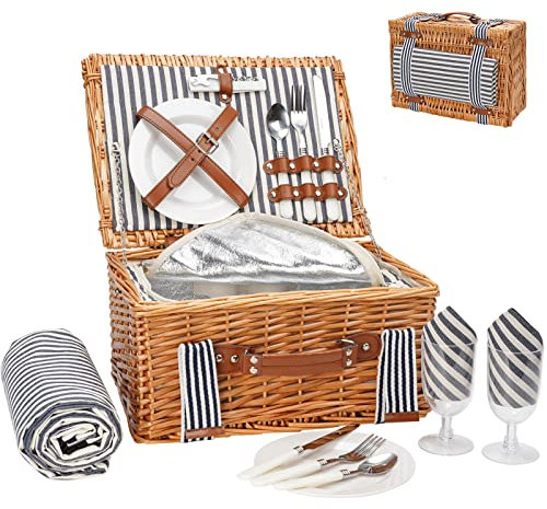 Picknickkorb-Set für 2 Personen mit wasserdichter Decke, handgefertigte Weiden-Picknickkörbe mit isoliertem Kühler & Besteckset, Geschenk Weidenkorb für Paare, Valentinstag, Geburtstag, Hochzeit,