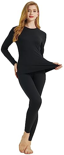 LNFINTDO Womens Thermal Underwear Set Crew Neck Long Sleeve Top & Leggings Pants Winter Warm Base Layer Set for Ladies Black