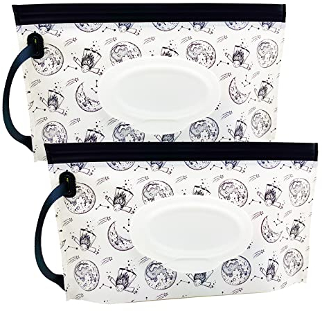 Tragbarer Feuchttücher-Spender (2 Stück), wiederverwendbare Baby-Windel Entsorgungsbeutel, nachfüllbar, persönlicher Reise-Clutch-Spenderhalter (Moon Girl Pattern)